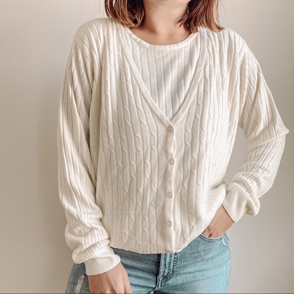 white cable knit button down sweater